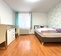 Schlafzimmer in einem Einzimmerapartment mit Arbeitstisch, Bett und dekorativer Tapete.