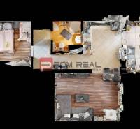 Grundriss einer 2-Zimmer-Wohnung mit Wohnzimmer, Schlafzimmer, Küche und Badezimmer von oben.