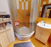 Badezimmer mit orangefarbenen Fliesen, Duschkabine und Stauraum in einer 2-Zimmer-Wohnung.