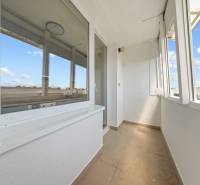 Ein heller Balkon einer 2-Zimmer-Wohnung mit Blick auf die umliegenden Dächer und den blauen Himmel.