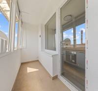 Helles Loggia in einer 2-Zimmer-Wohnung mit Zugang zur Küche und Blick nach draußen.