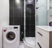 Badezimmer mit Waschmaschine, Duschkabine und Waschbecken in einer 2-Zimmer-Wohnung.