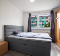 Schlafzimmer mit Doppelbett, Kleiderschrank und Kommode in einer 2-Zimmer-Wohnung.