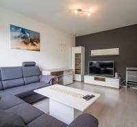Wohnzimmer mit Sofa und Fernseher in einer 2-Zimmer-Wohnung.