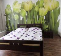 Schlafzimmer in einer 2-Zimmer-Wohnung mit Tapete mit Tulpen und einem Doppelbett mit Holzrahmen.