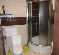 Badezimmer mit Toilette und Duschkabine in einer 2-Zimmer-Wohnung.