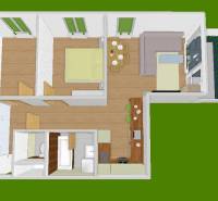 Grundriss einer 3-Zimmer-Wohnung mit Küche, Wohnzimmer, Badezimmer und zwei Schlafzimmern.