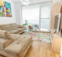 Wohnzimmer mit einem bequemen Sofa, bunten Bildern und großen Fenstern in einer 3-Zimmer-Wohnung.