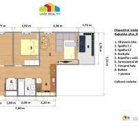 Grundriss einer 3-Zimmer-Wohnung zeigt die Anordnung der Zimmer, des Balkons und des Kellers.