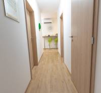 Ein Flur mit Holzboden, der zu grünen Barhockern in einer 3-Zimmer-Wohnung führt.