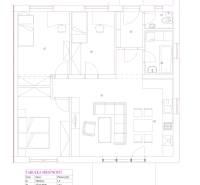 Grundriss eines Einfamilienhauses zeigt die Anordnung der Zimmer und die Ausstattung des Badezimmers und der Küche.