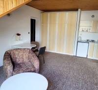 Wohnzimmer in einer 2-Zimmer-Wohnung mit Küchenzeile und bequemen Sessel.