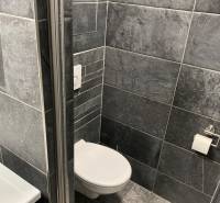 Badezimmer in einer 4-Zimmer-Wohnung mit dunkelgrauen Fliesen und Toilette.