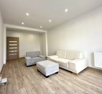 Wohnzimmer in einer 2-Zimmer-Wohnung mit Sofa, Sessel und Holzboden.