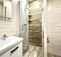 Badezimmer mit Dusche und Waschbecken in einer 2-Zimmer-Wohnung.