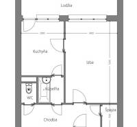 Grundriss einer 1-Zimmer-Wohnung mit Loggia, Küche, Speisekammer und Badezimmer.