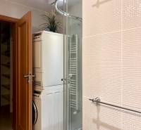 Badezimmer mit Dusche, Waschmaschine und Trockner in einer 3-Zimmer-Wohnung.