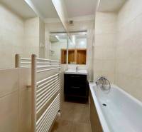 Badezimmer in einer 2-Zimmer-Wohnung mit Badewanne, Waschbecken, Spiegel und Heizkörper.