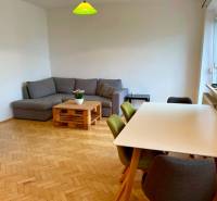 Wohnzimmer in einer 2-Zimmer-Wohnung mit Sofa, Tisch und Blumentopf auf Holzboden.