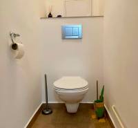 Toilette in einer 2-Zimmer-Wohnung mit Keramikfliesen und dekorativem Bürstenhalter.