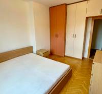 2-Zimmer-Wohnung mit Schlafzimmer, Holzboden, Bett und Einbauschränken.