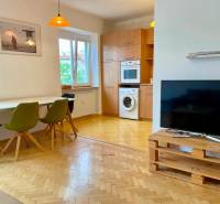 Wohnzimmer mit Küche, Holzboden, Fernseher und Esstisch in einer 2-Zimmer-Wohnung.