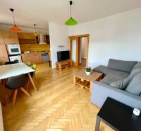 Wohnzimmer mit Küche, Esstisch, Sofa, Parkettboden in einer Zweizimmerwohnung.