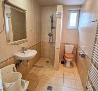 Badezimmer im Einfamilienhaus mit Waschbecken, Dusche und Toilette, helle Fliesen.