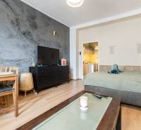 Wohnzimmer mit Esstisch, Fernseher und Bett in einer 2-Zimmer-Wohnung.