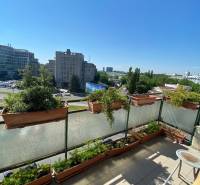Blick vom Balkon einer 4-Zimmer-Wohnung in der Dostojevského Rad in Bratislava mit Blumenkästen.