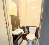 Badezimmer mit Toilette in einer 4-Zimmer-Wohnung, mit Waschbecken und dekorativen Fliesen.