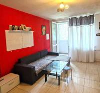 Wohnzimmer in einer 3-Zimmer-Wohnung mit roter Wand, schwarzem Sofa und Tisch.