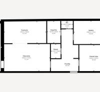 Grundriss für eine 3-Zimmer-Wohnung mit Küche, Wohnzimmer, Loggia und zwei Zimmern.