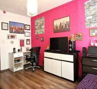 Wohnzimmer einer 3-Zimmer-Wohnung mit einer kräftig rosa Wand, einem Tisch, einem Stuhl und einem Fernseher.
