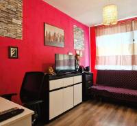 Ein Zimmer in einer 3-Zimmer-Wohnung mit roten Wänden, einem Sofa und einem Fernseher.