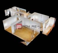 3D-Grundriss einer 3-Zimmer-Wohnung mit Holzböden und hellen Wänden.