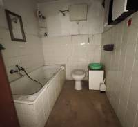 Badezimmer in einer Hütte mit Badewanne, Toilette und Boden mit Holzdekor.