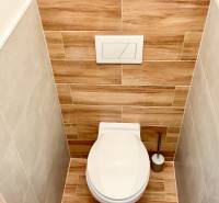 Toilette mit Holzverkleidung in einer Einzimmerwohnung, die Farben und Texturen harmonisch kombiniert.