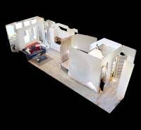 3D-Grundriss einer Einzimmerwohnung mit Wohnzimmer und Schlafzimmer.