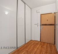 Eingangsflur in einer 2-Zimmer-Wohnung mit Holzboden und Einbauschrank.
