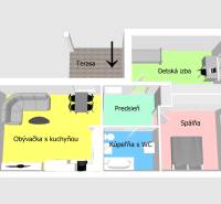 Grundriss eines Einfamilienhauses mit Wohnzimmer, Küche, Schlafzimmer, Kinderzimmer und Badezimmer.