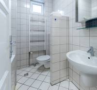 Badezimmer mit Toilette, Waschbecken und Fenster in einem Einfamilienhaus. Fliesenverkleidung.