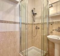 Duschkabine und Waschbecken mit Spiegelschrank im Badezimmer einer 3-Zimmer-Wohnung.