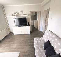 Wohnzimmer in einer Zweizimmerwohnung mit einem Sofa und einem Fernseher auf einer Kommode.