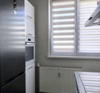 Küche in einer 2-Zimmer-Wohnung mit Kühlschrank, Ofen und Heizkörper, ideal für praktisches Wohnen.