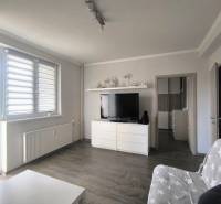 Wohnzimmer in einer 2-Zimmer-Wohnung mit Fernseher, Sofa und weißer Kommode.