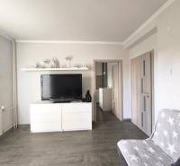 Wohnzimmer in einer 2-Zimmer-Wohnung mit einem Fernseher auf einer weißen Kommode und einem Sofa.