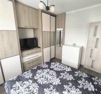 Schlafzimmer in einer 2-Zimmer-Wohnung mit Bett, Schrank, Fernseher und Einbauschrank.