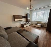 Einzimmerwohnung mit Sofa, Holzmöbeln und einem großen Fenster mit Spitzenvorhang.