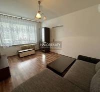 Wohnzimmer in einer Einzimmerwohnung mit Fenster, Vorhängen, dunklen Möbeln und Sofa.